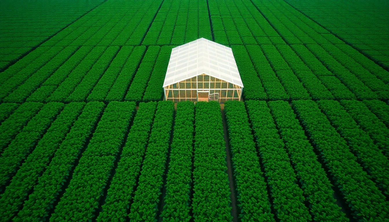 Aerial drone shot of a lush, geometric green farm with a futuristic greenhouse, representing Agriculture.