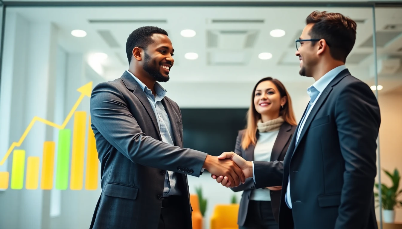 Two diverse business professionals shaking hands in a bright, modern office.