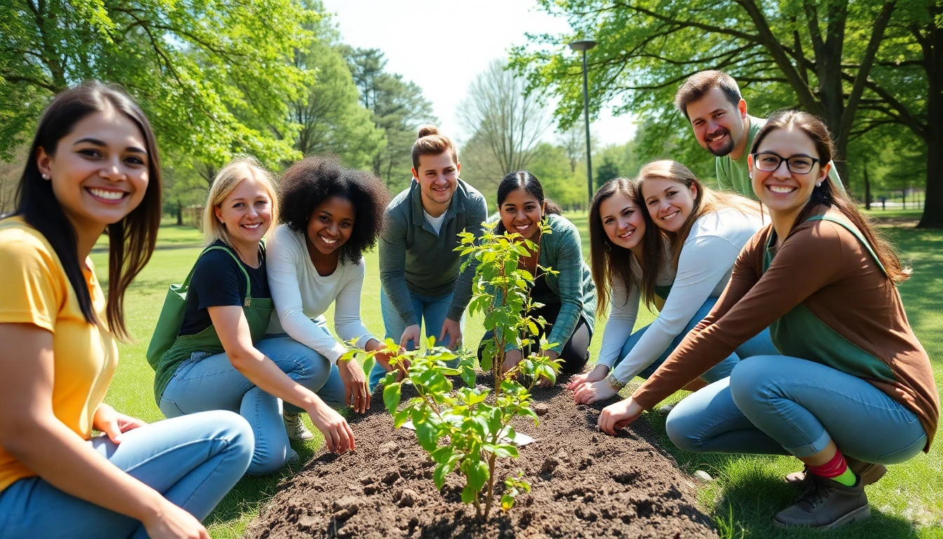 Diverse group of volunteers planting trees in a park, representing community impact.