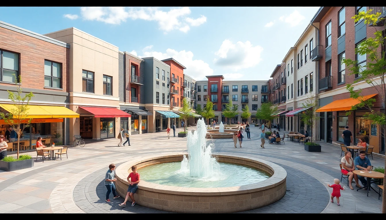 Vibrant, modern town square in a mixed-use development with shops and people.