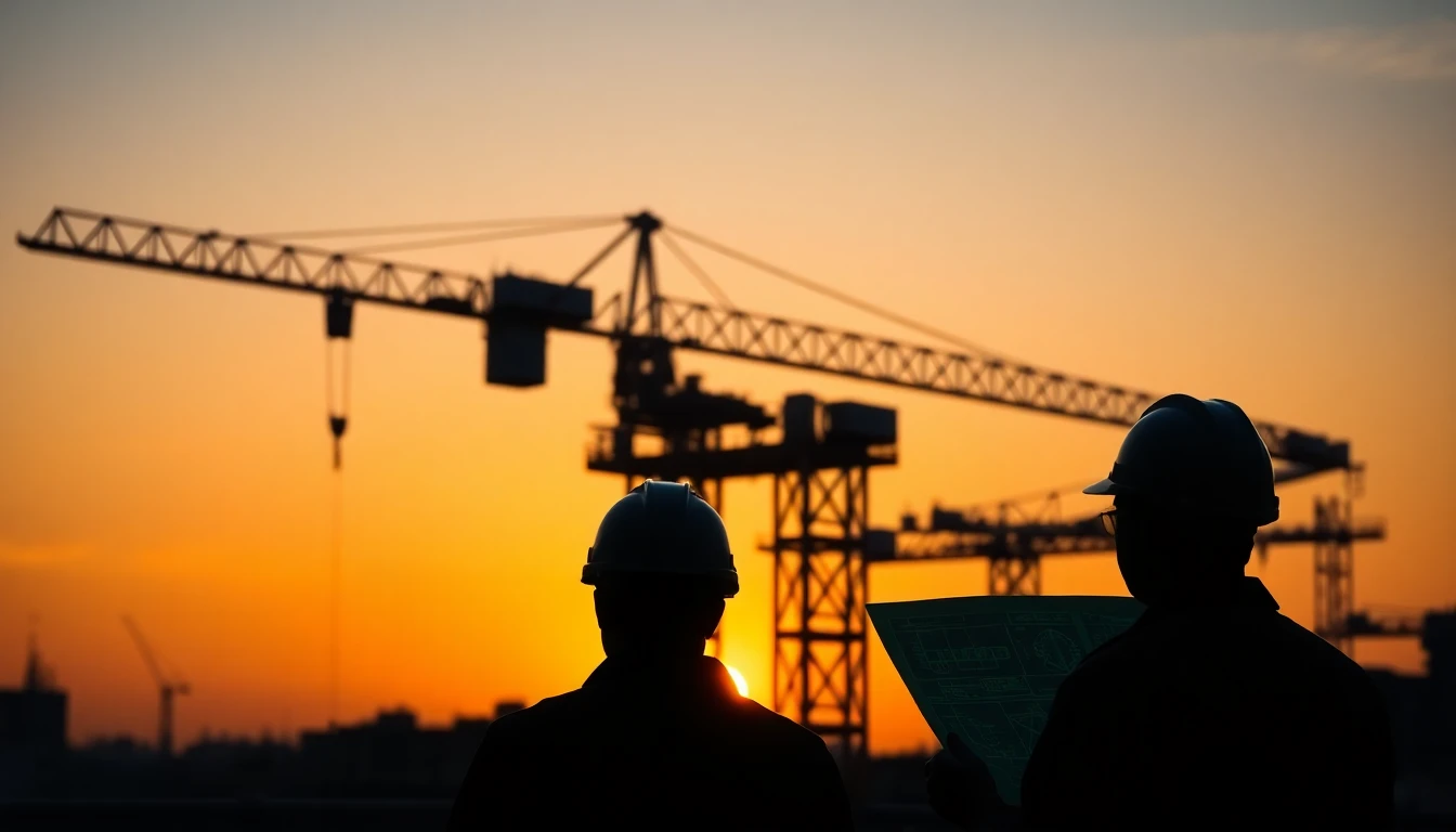 Silhouette of a construction crane against a sunset with engineers looking at blueprints, representing General Contracting.