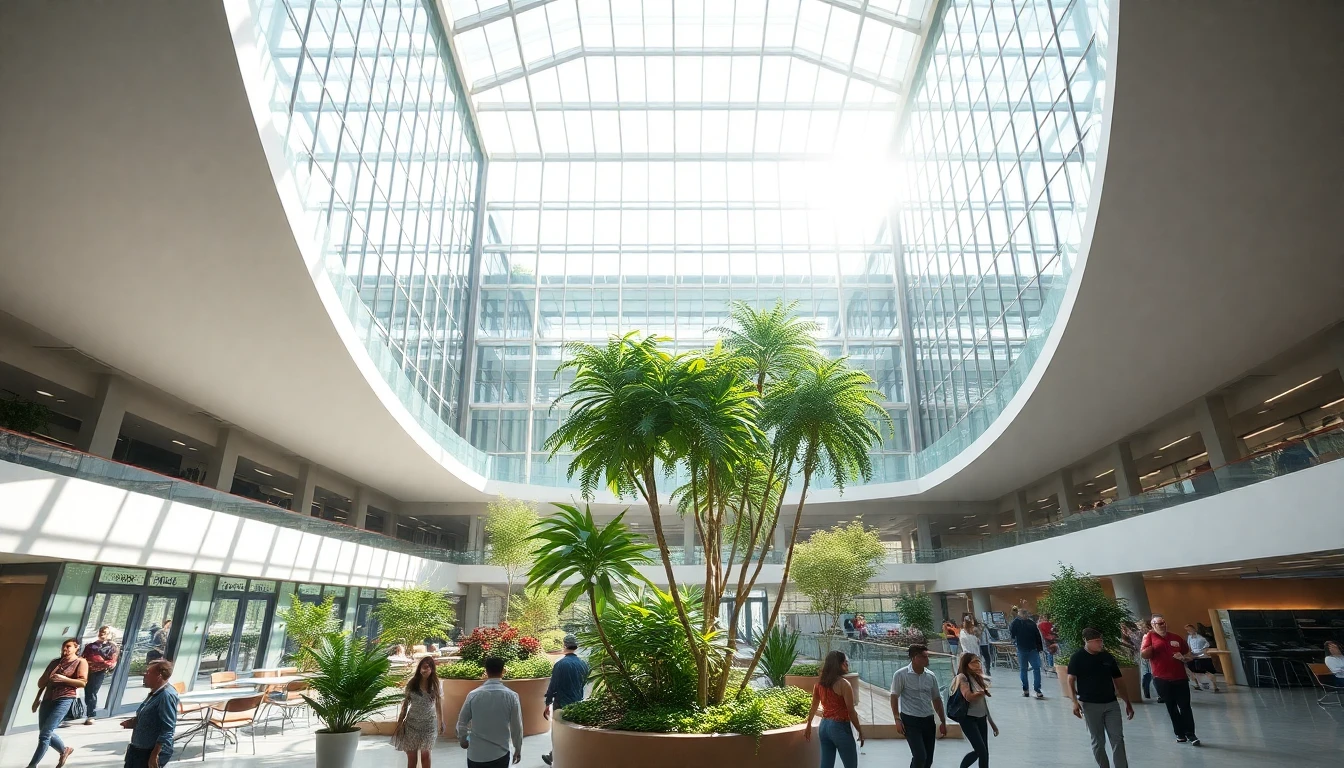 Atrium of a state-of-the-art office complex with sunlight and indoor gardens.
