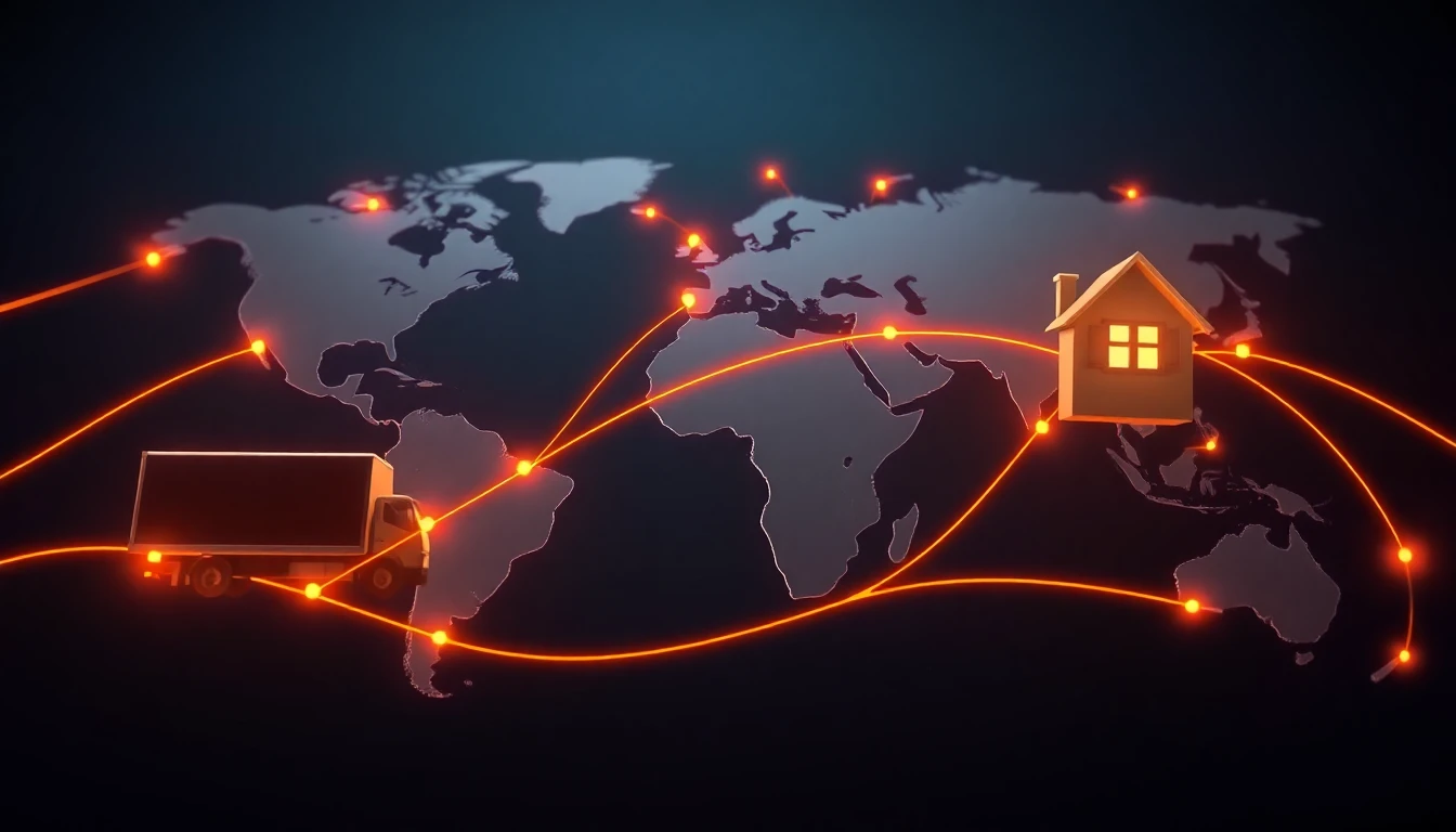 Network of glowing lines connecting a warehouse, a delivery truck, and a customer's home, symbolizing Dropshipping.