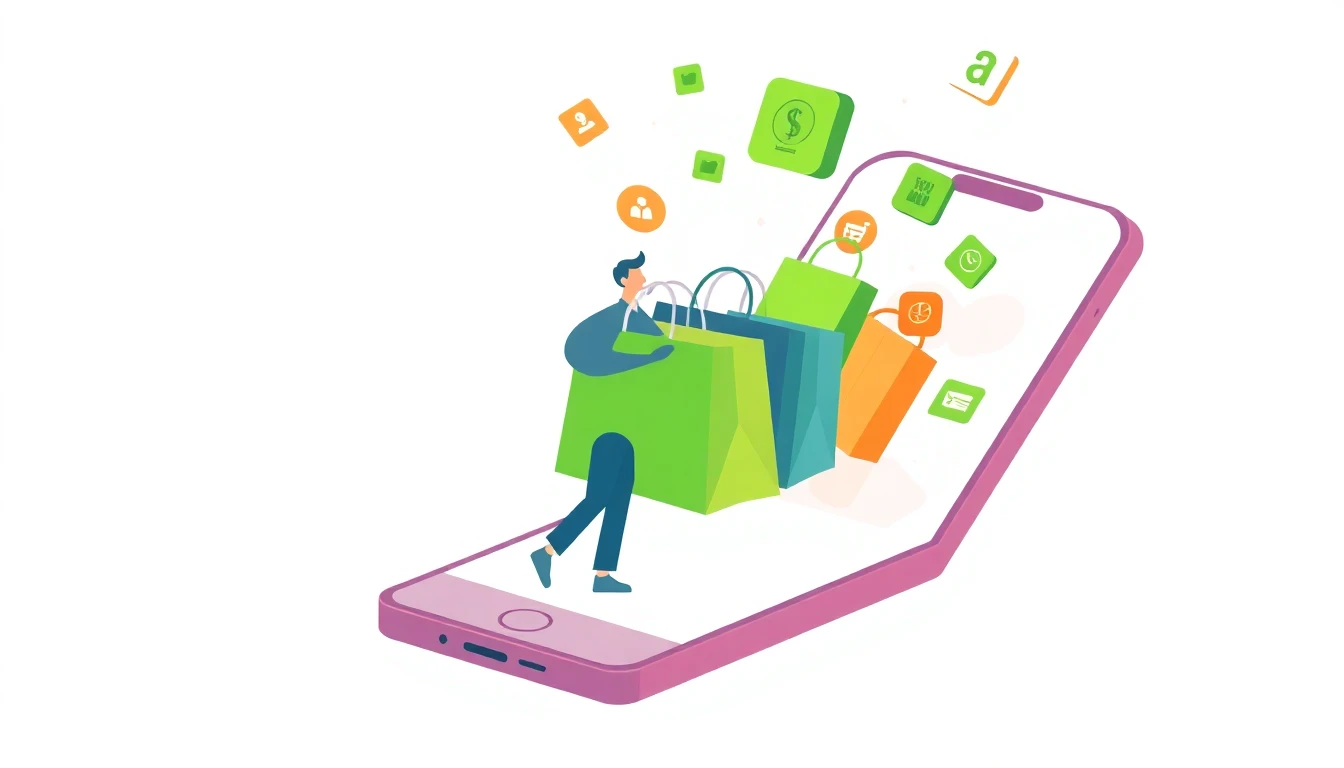 Stylized illustration of a person shopping on a giant smartphone, symbolizing E-Commerce.