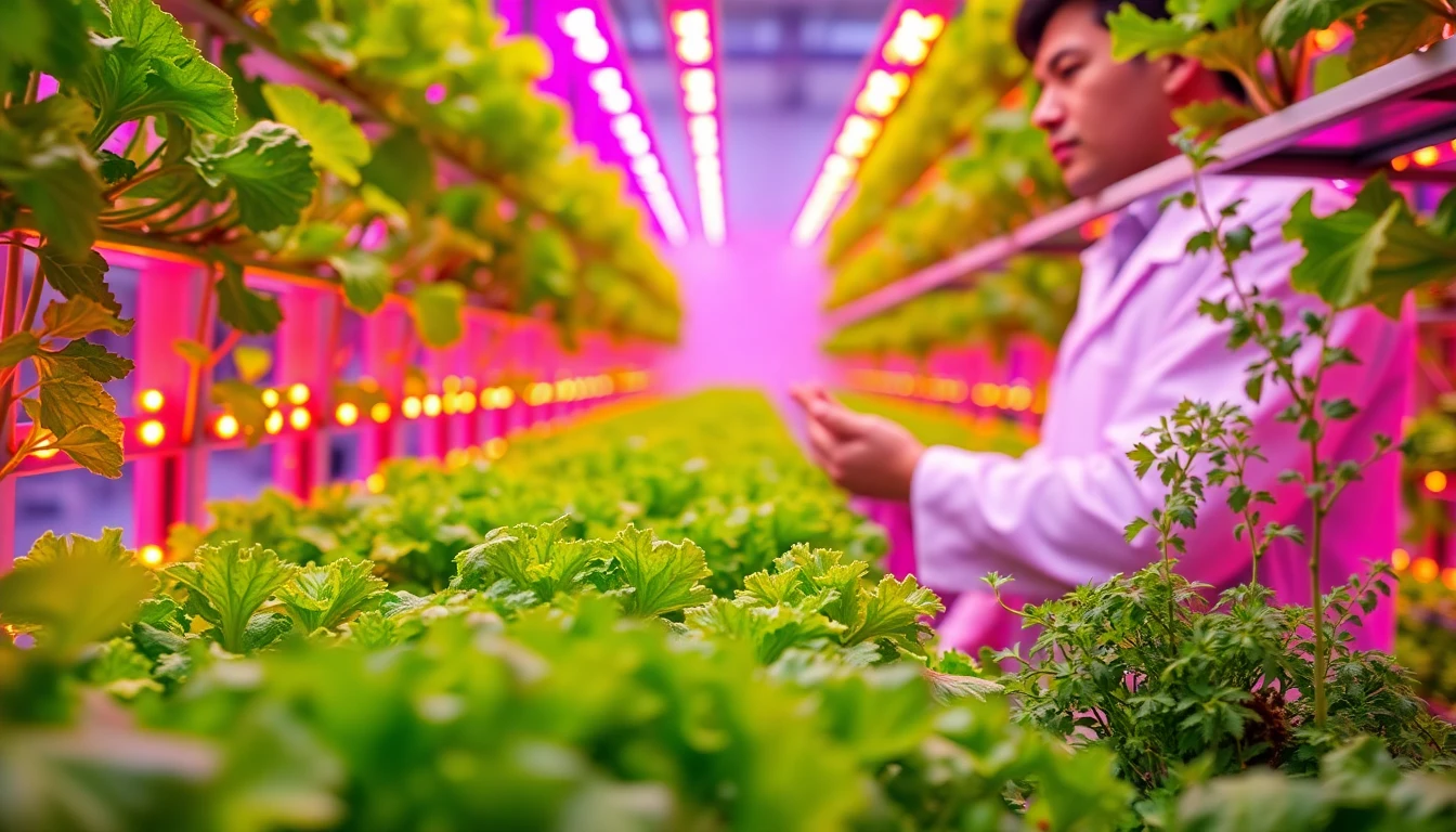 Close-up of an indoor vertical farming system with rows of green lettuce.