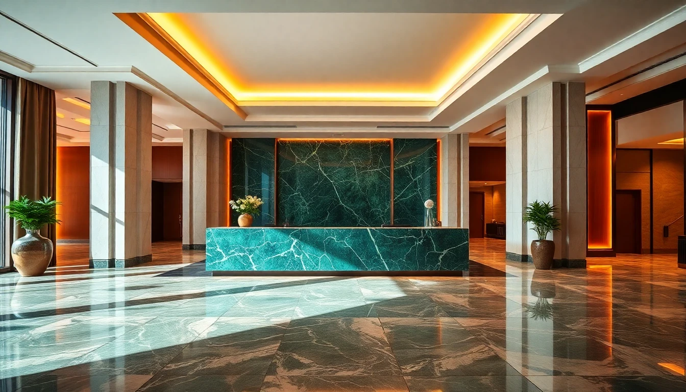 Interior of a luxurious and modern hotel lobby with a green marble reception desk, for Hospitality and Tourism.