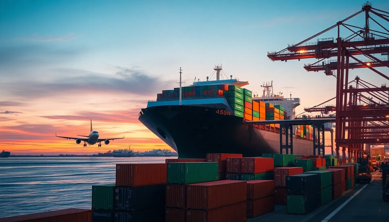 Cargo ship and a cargo plane in a busy port at twilight, highlighting Import & Export.
