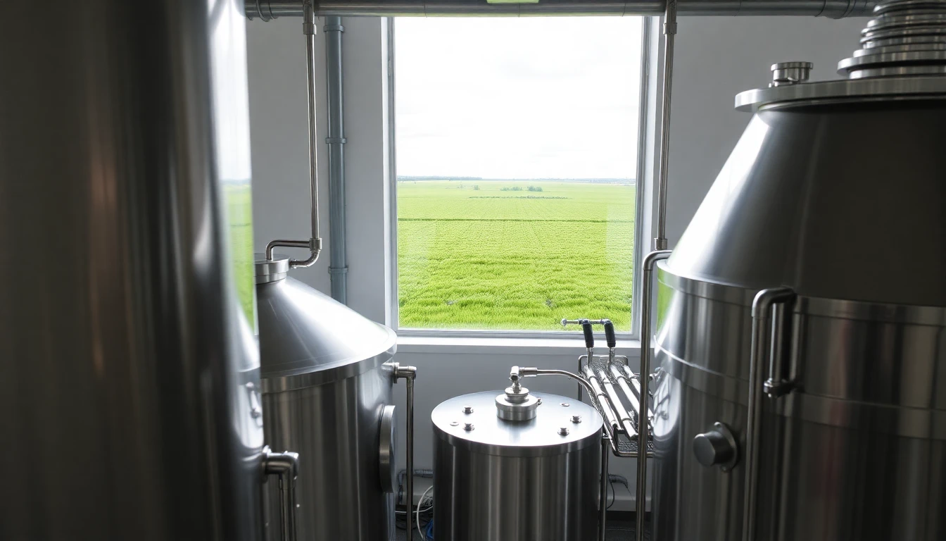 Interior of a food production plant focused on organic products with stainless steel vats.