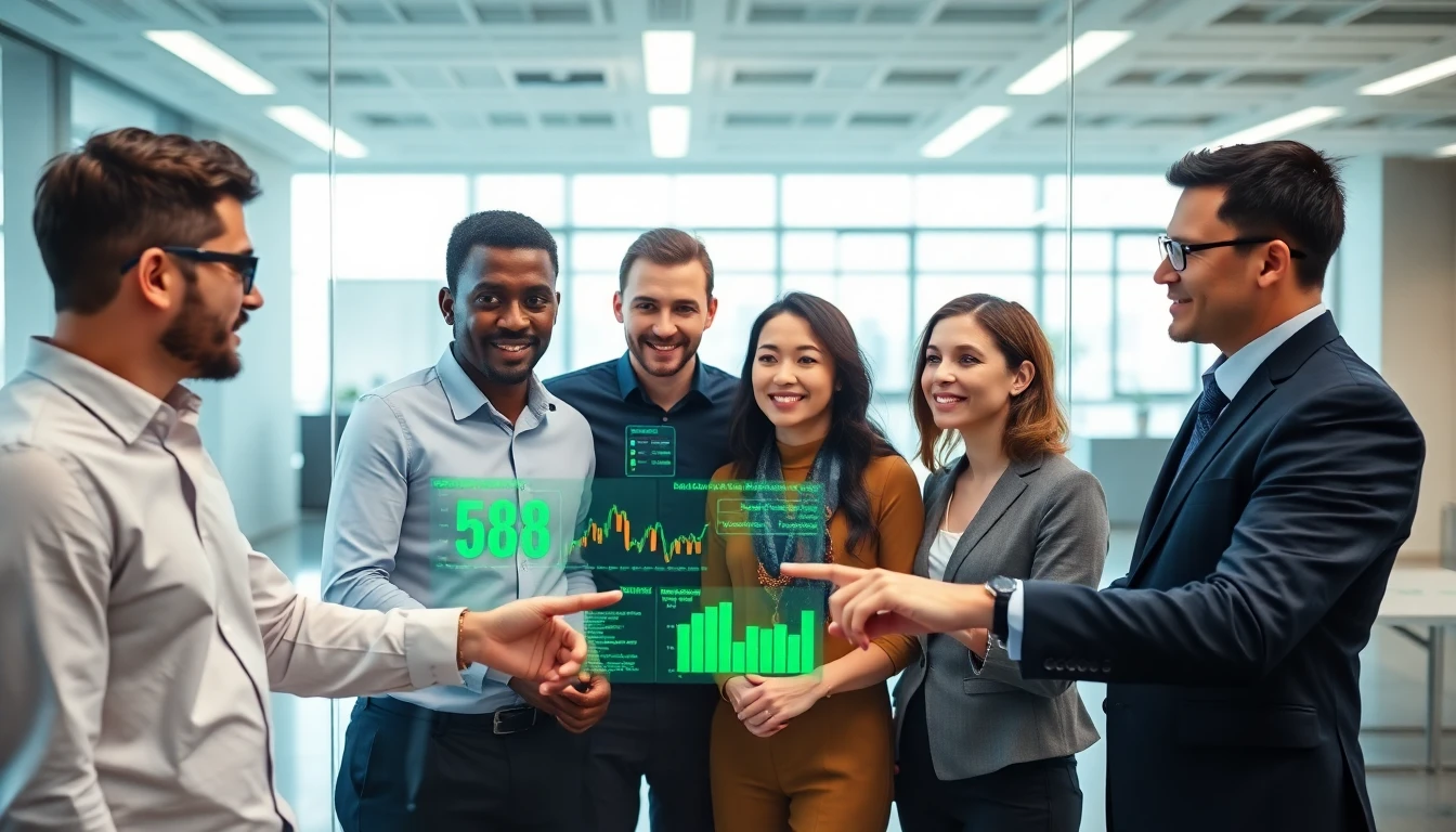 Diverse team of professionals collaborating around a futuristic transparent screen in a modern office.