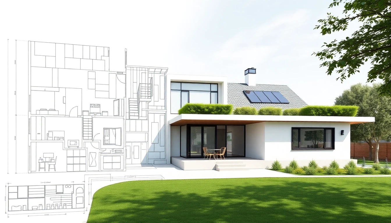 Architectural blueprint of a modern house transitioning into a photorealistic image of the finished building, representing Real Estate.