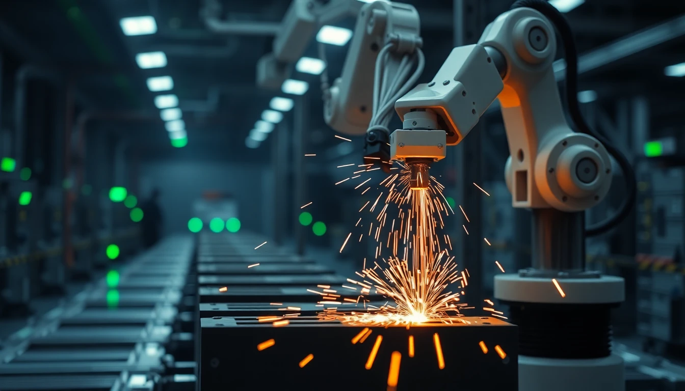 Dynamic shot of a robotic arm working on an assembly line with precision in a high-tech factory.