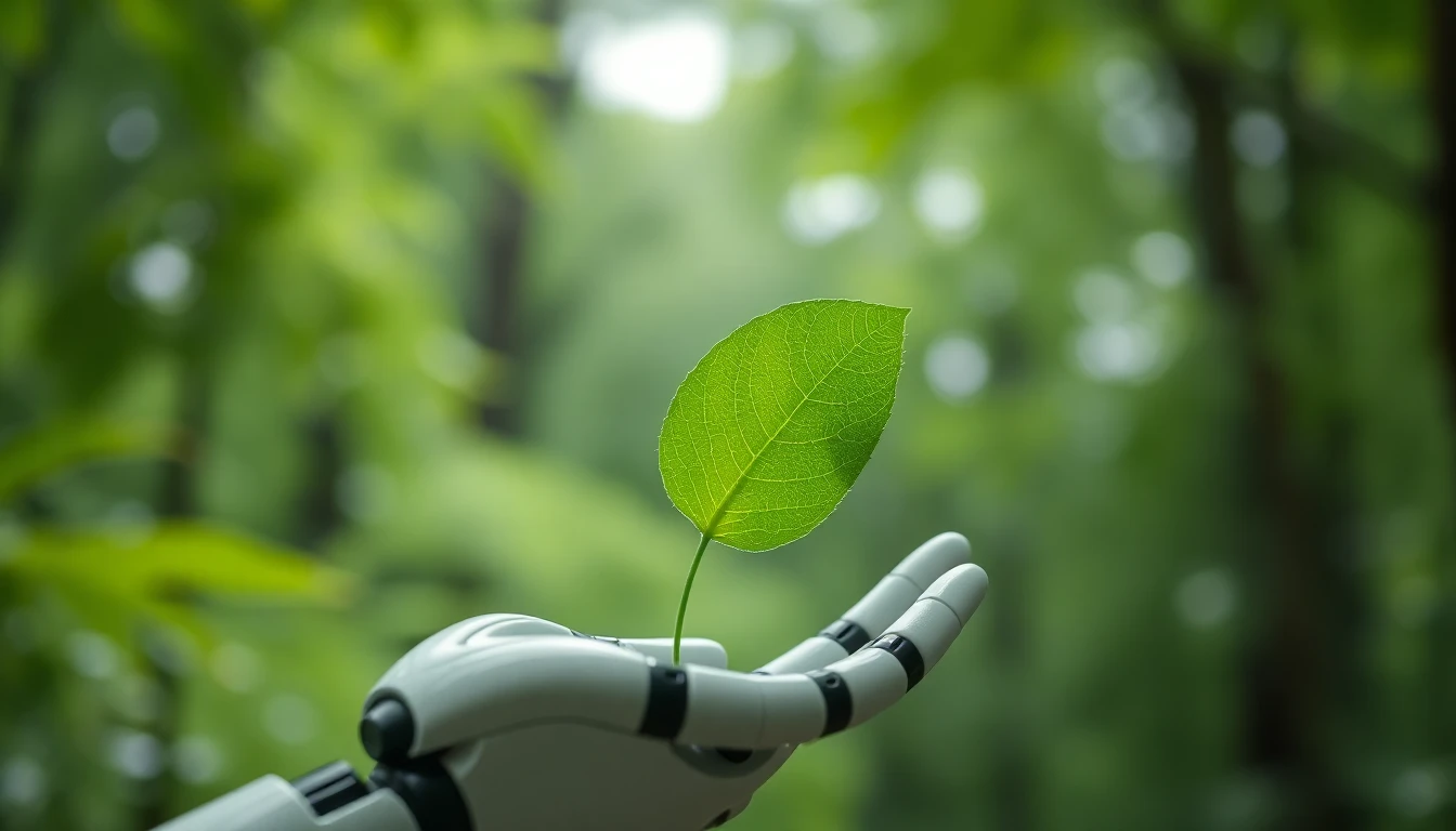 Vibrant green leaf held in a robotic hand, symbolizing sustainable innovation.