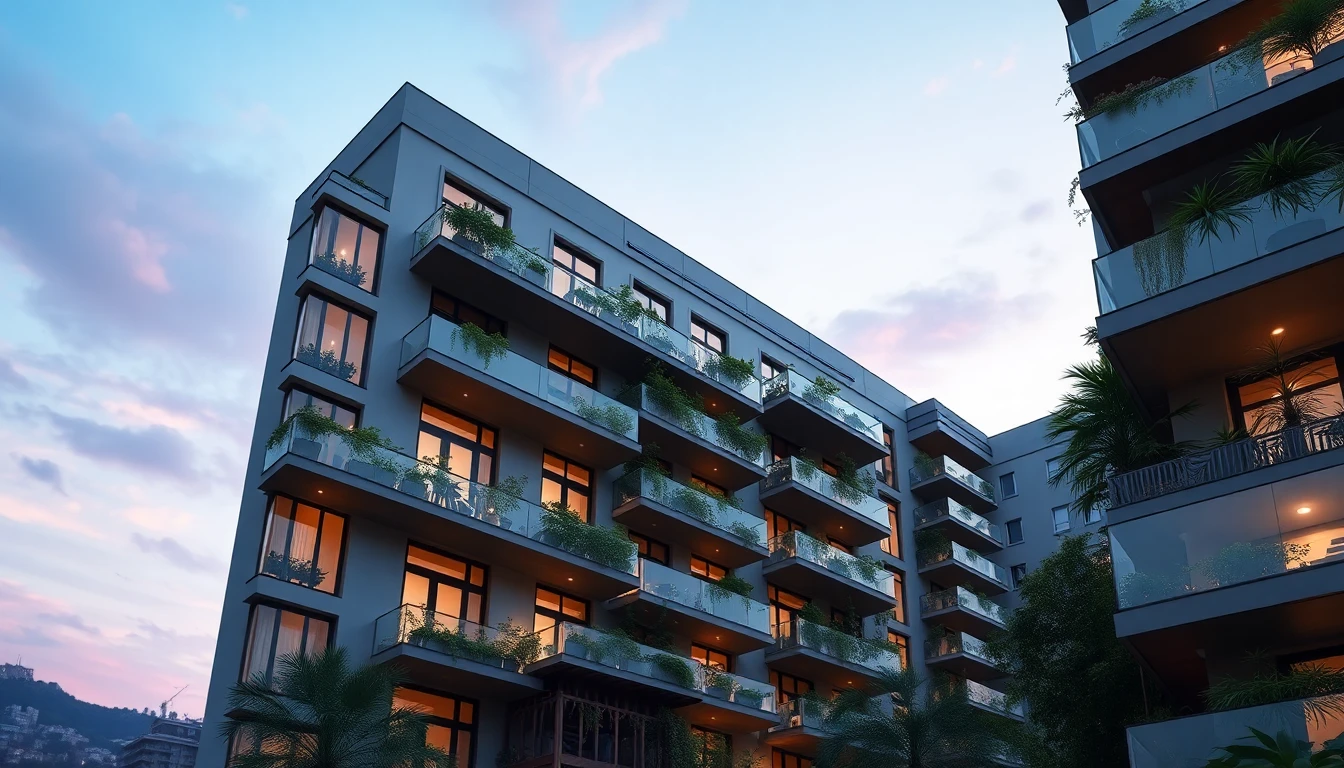 Photorealistic rendering of a luxury apartment building with large balconies.